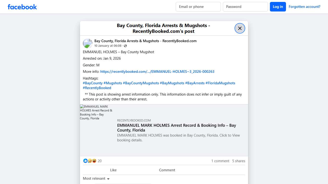 EMMANUEL HOLMES – Bay County Mugshot Arrested on: Jan 9, 2026 Gender: M More info: https://recentlybooked.com/FL/Bay/EMMANUEL-HOLMES~3_2026-000263 Hashtags: #BayCounty #Mugshots #BayCountyMugshots #BayMugshots #BayArrests #FloridaMugshots #RecentlyBooked ** This post is showing arrest information only. This information does not infer or imply guilt of any actions or activity other than their... - Bay County, Florida Arrests & Mugshots - RecentlyBooked.com Facebook